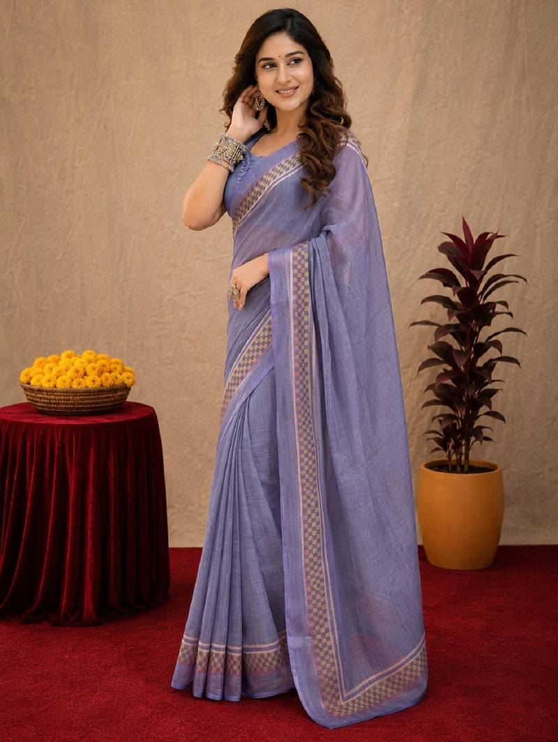 Light levendor lilen print work 1 minute ready to wear saree with unstitched blouse piece
