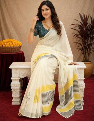 white lilen print work 1 minute ready to wear saree with unstitched blouse piece 1