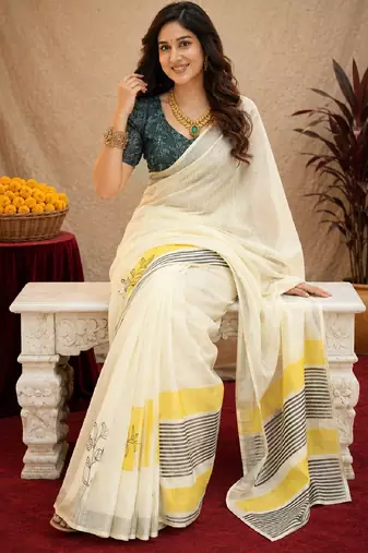 white lilen print work 1 minute ready to wear saree with unstitched blouse piece