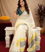 white lilen print work 1 minute ready to wear saree with unstitched blouse piece