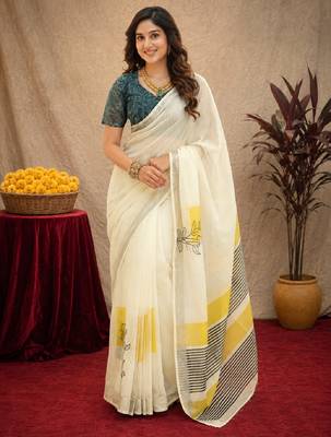 white lilen print work 1 minute ready to wear saree with unstitched blouse piece 2