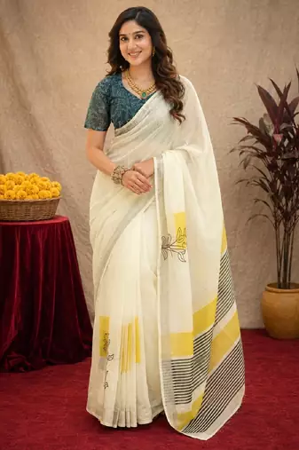 white lilen print work 1 minute ready to wear saree with unstitched blouse piece