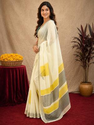 white lilen print work 1 minute ready to wear saree with unstitched blouse piece 3
