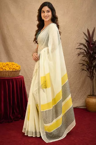 white lilen print work 1 minute ready to wear saree with unstitched blouse piece