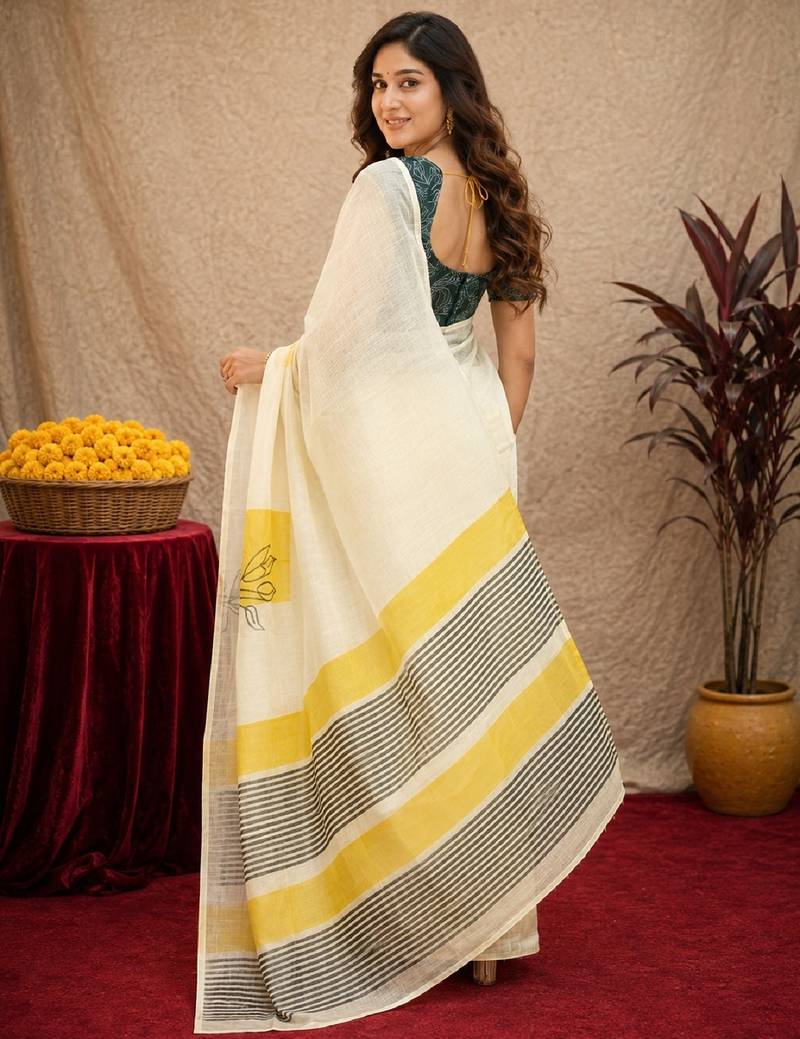 white lilen print work 1 minute ready to wear saree with unstitched blouse piece