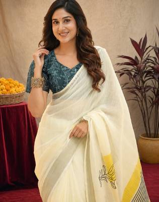 white lilen print work 1 minute ready to wear saree with unstitched blouse piece 5