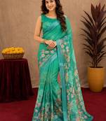 teal green lilen print work 1 minute ready to wear saree with unstitched blouse piece