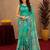 teal green lilen print work 1 minute ready to wear saree with unstitched blouse piece