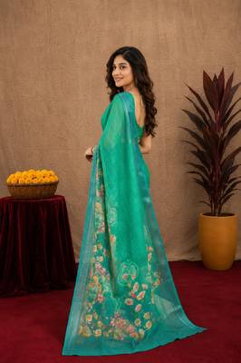 teal green lilen print work 1 minute ready to wear saree with unstitched blouse piece 2