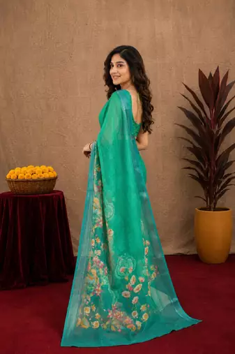 teal green lilen print work 1 minute ready to wear saree with unstitched blouse piece