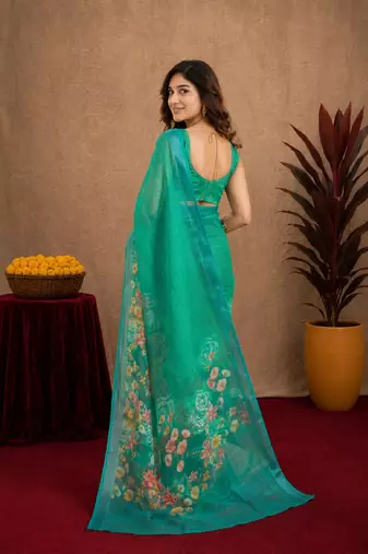 teal green lilen print work 1 minute ready to wear saree with unstitched blouse piece