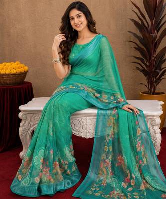 teal green lilen print work 1 minute ready to wear saree with unstitched blouse piece 4