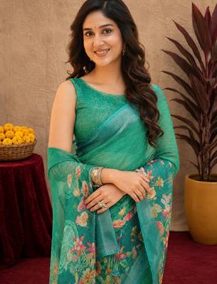 teal green lilen print work 1 minute ready to wear saree with unstitched blouse piece 5