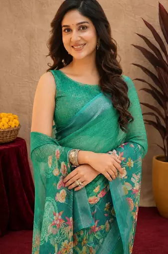 teal green lilen print work 1 minute ready to wear saree with unstitched blouse piece