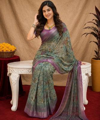 sea green lilen print work 1 minute ready to wear saree with unstitched blouse piece 1