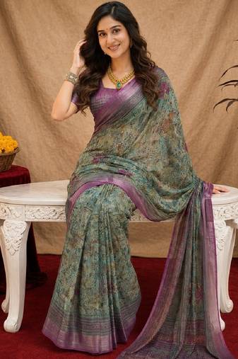 sea green lilen print work 1 minute ready to wear saree with unstitched blouse piece