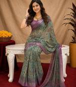 sea green lilen print work 1 minute ready to wear saree with unstitched blouse piece