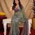 sea green lilen print work 1 minute ready to wear saree with unstitched blouse piece