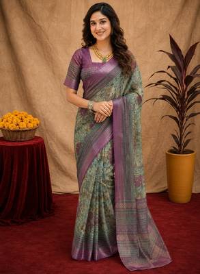 sea green lilen print work 1 minute ready to wear saree with unstitched blouse piece 2