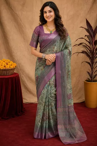 sea green lilen print work 1 minute ready to wear saree with unstitched blouse piece
