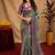 sea green lilen print work 1 minute ready to wear saree with unstitched blouse piece