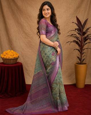 sea green lilen print work 1 minute ready to wear saree with unstitched blouse piece 3