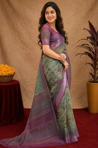 sea green lilen print work 1 minute ready to wear saree with unstitched blouse piece