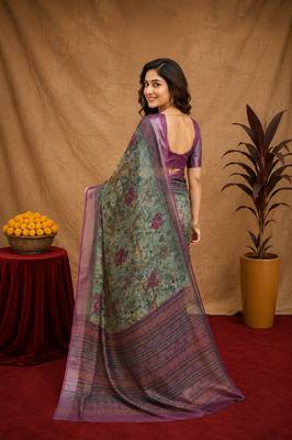 sea green lilen print work 1 minute ready to wear saree with unstitched blouse piece 4