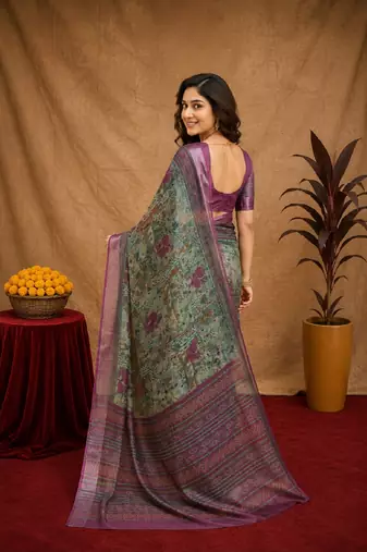 sea green lilen print work 1 minute ready to wear saree with unstitched blouse piece
