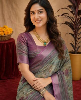 sea green lilen print work 1 minute ready to wear saree with unstitched blouse piece 5