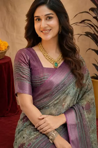 sea green lilen print work 1 minute ready to wear saree with unstitched blouse piece