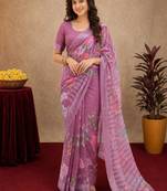 purple lilen print work 1 minute ready to wear saree with unstitched blouse piece