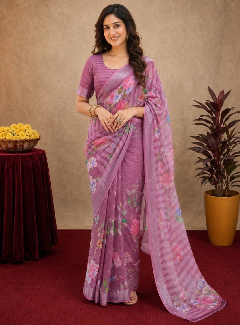 purple lilen print work 1 minute ready to wear saree with unstitched blouse piece