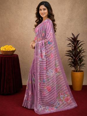 purple lilen print work 1 minute ready to wear saree with unstitched blouse piece 2