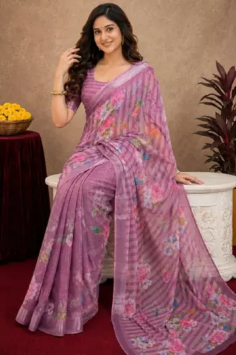 purple lilen print work 1 minute ready to wear saree with unstitched blouse piece
