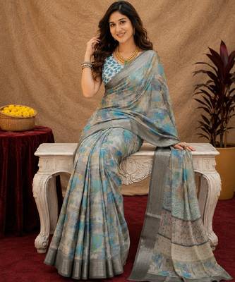 grey lilen print work 1 minute ready to wear saree with unstitched blouse piece 1