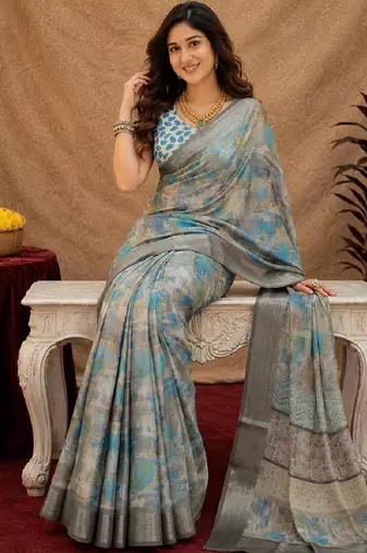 grey lilen print work 1 minute ready to wear saree with unstitched blouse piece
