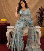 grey lilen print work 1 minute ready to wear saree with unstitched blouse piece