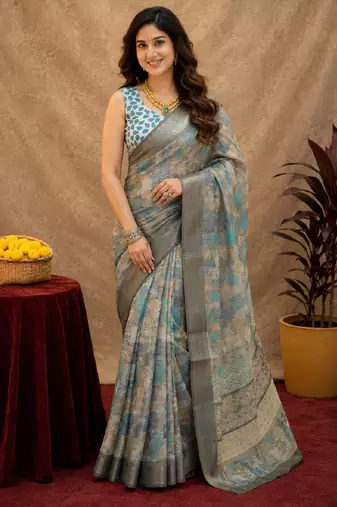 grey lilen print work 1 minute ready to wear saree with unstitched blouse piece