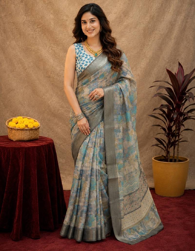 grey lilen print work 1 minute ready to wear saree with unstitched blouse piece