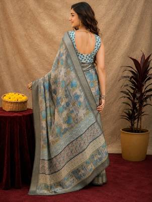 grey lilen print work 1 minute ready to wear saree with unstitched blouse piece 4
