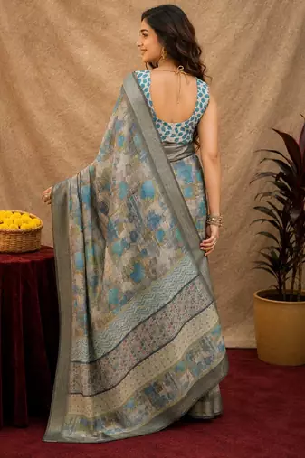 grey lilen print work 1 minute ready to wear saree with unstitched blouse piece