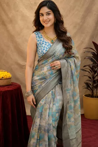 grey lilen print work 1 minute ready to wear saree with unstitched blouse piece