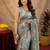 grey lilen print work 1 minute ready to wear saree with unstitched blouse piece