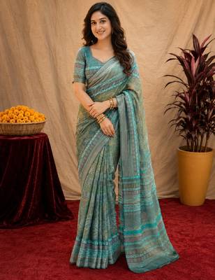 Multy lilen print work 1 minute ready to wear saree with unstitched blouse piece 1