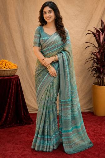 Multy lilen print work 1 minute ready to wear saree with unstitched blouse piece