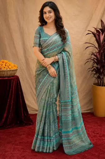 Multy lilen print work 1 minute ready to wear saree with unstitched blouse piece