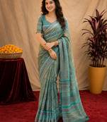 Multy lilen print work 1 minute ready to wear saree with unstitched blouse piece