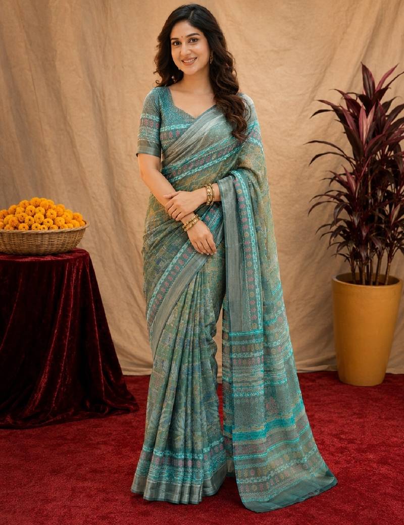 Multy lilen print work 1 minute ready to wear saree with unstitched blouse piece