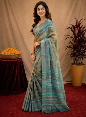 Multy lilen print work 1 minute ready to wear saree with unstitched blouse piece 2